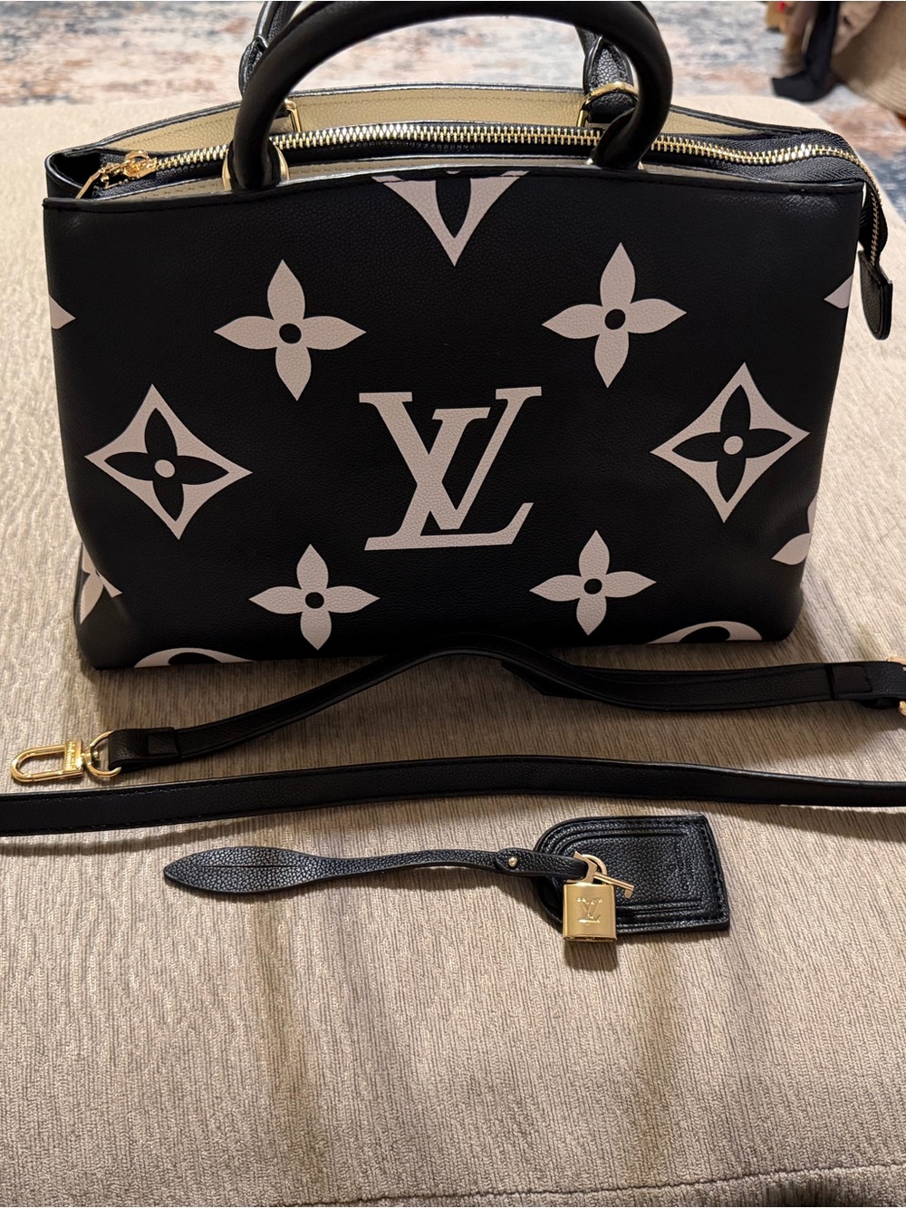 Designer Inspired Black & White Monogram Canvas Satchel - Structured Top-Handle
